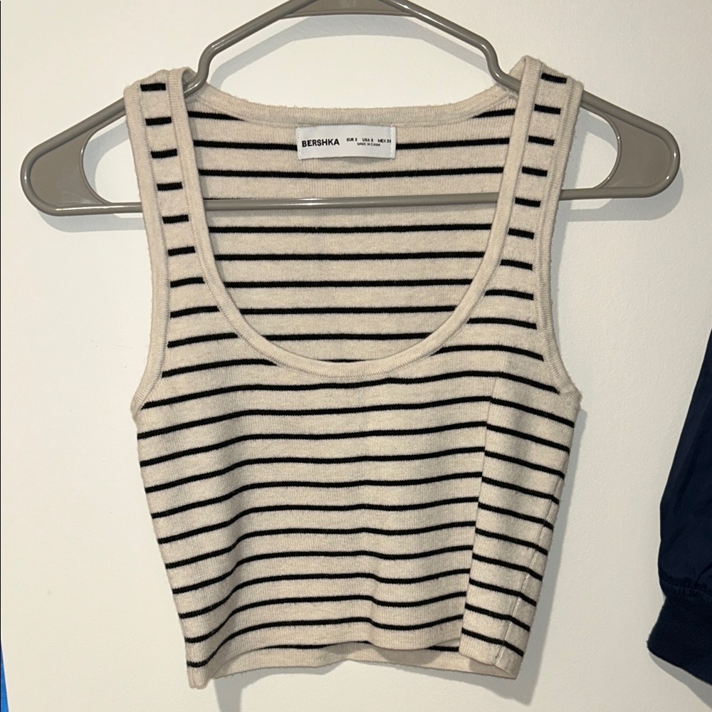 Bershka Cream and Black Striped Crop Top